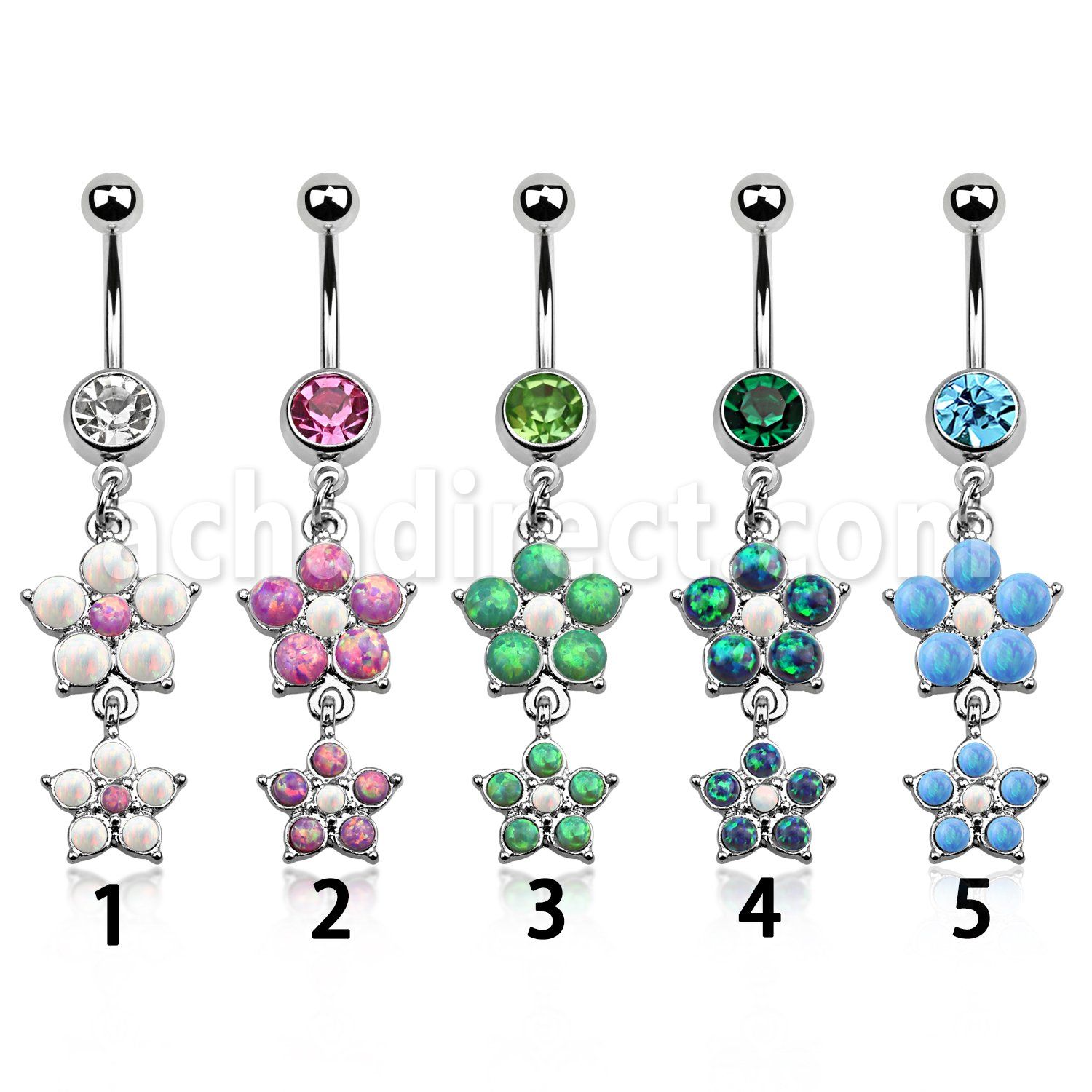 mcopfl17 piercing ombligo acero quirurgico bola joya 8mm doble flor 5 petalos opalos sinteticos s 10mm distribuidor mayorista