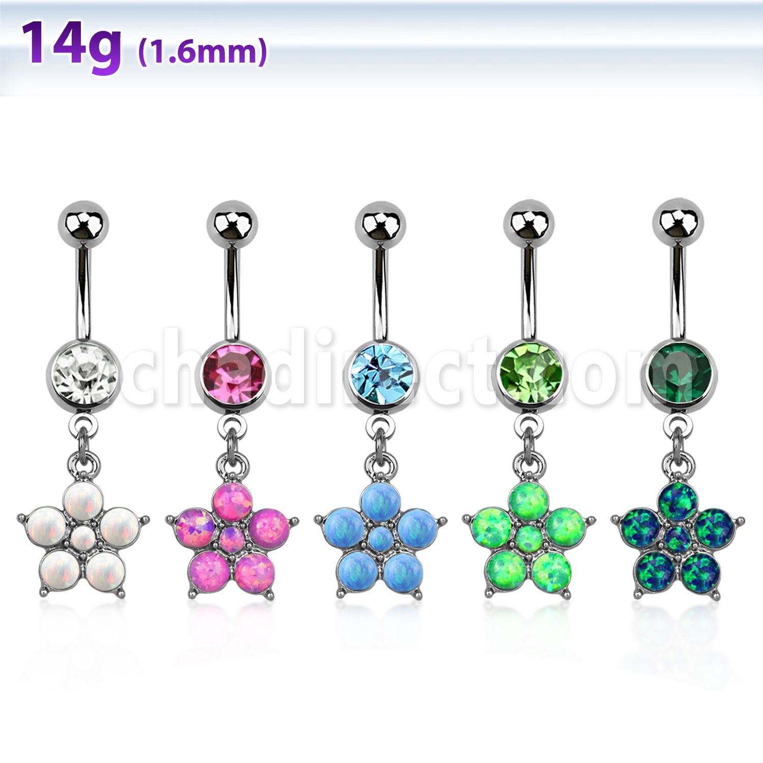 mcopfl20 piercing ombligo acero quirurgico bola joya 8mm flor 5 petalos opalos sinteticos 10mm mayorista