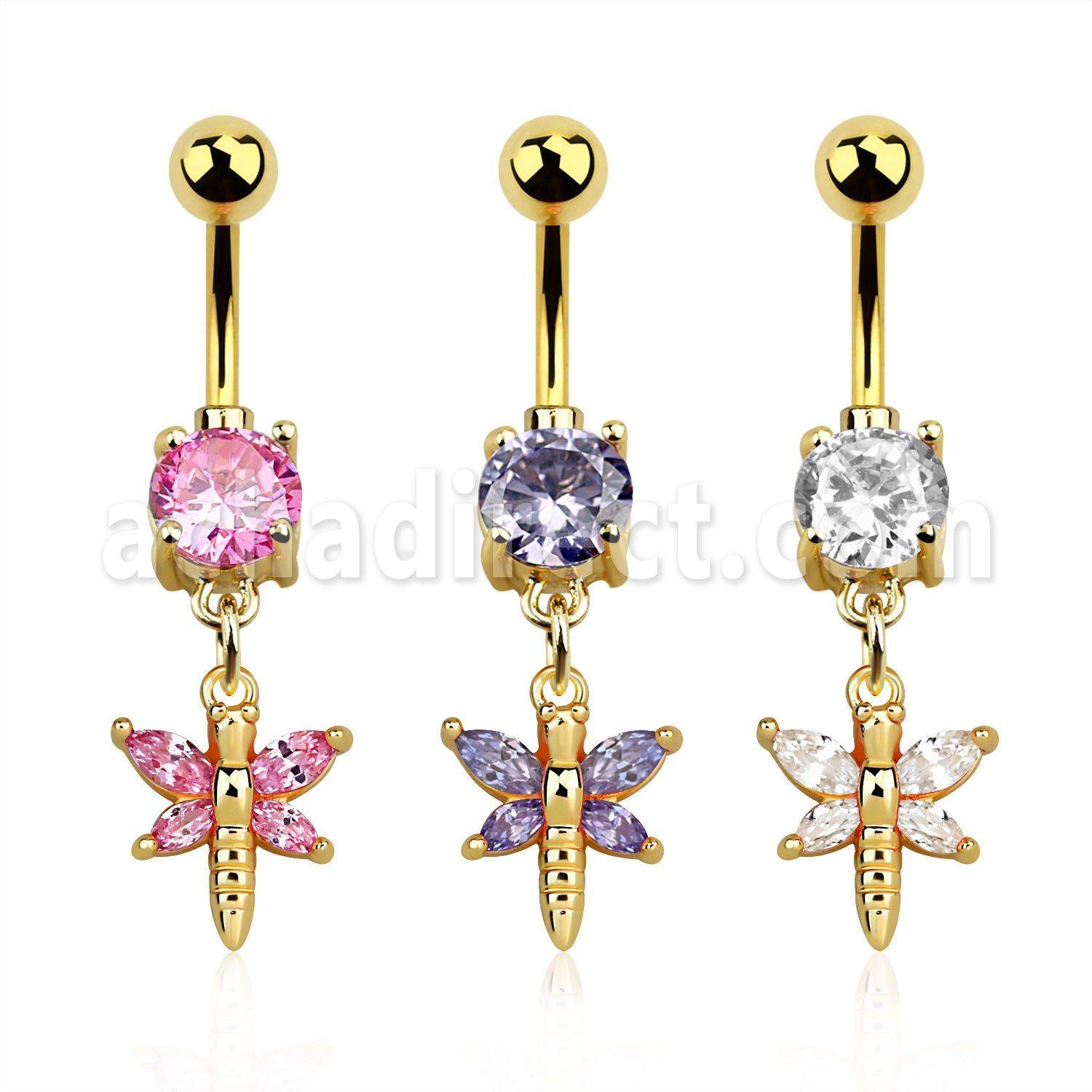 mdgz1 piercing ombligo acero 316l anodizado dorado zirconia redonda 8mm mariposa zirconia mayorista