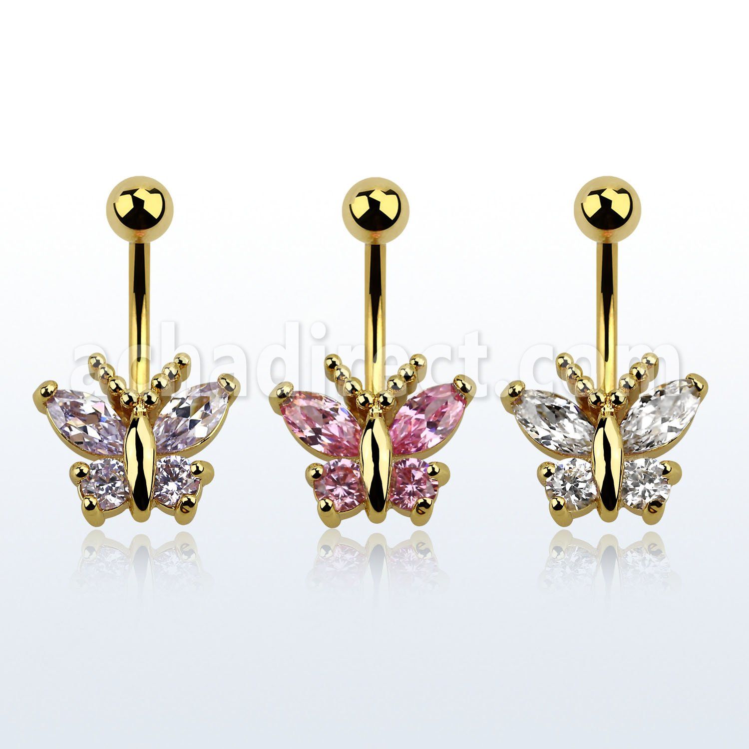 mdgz321 piercing ombligo acero 316l anodizado dorado mariposa cristal distribuidor