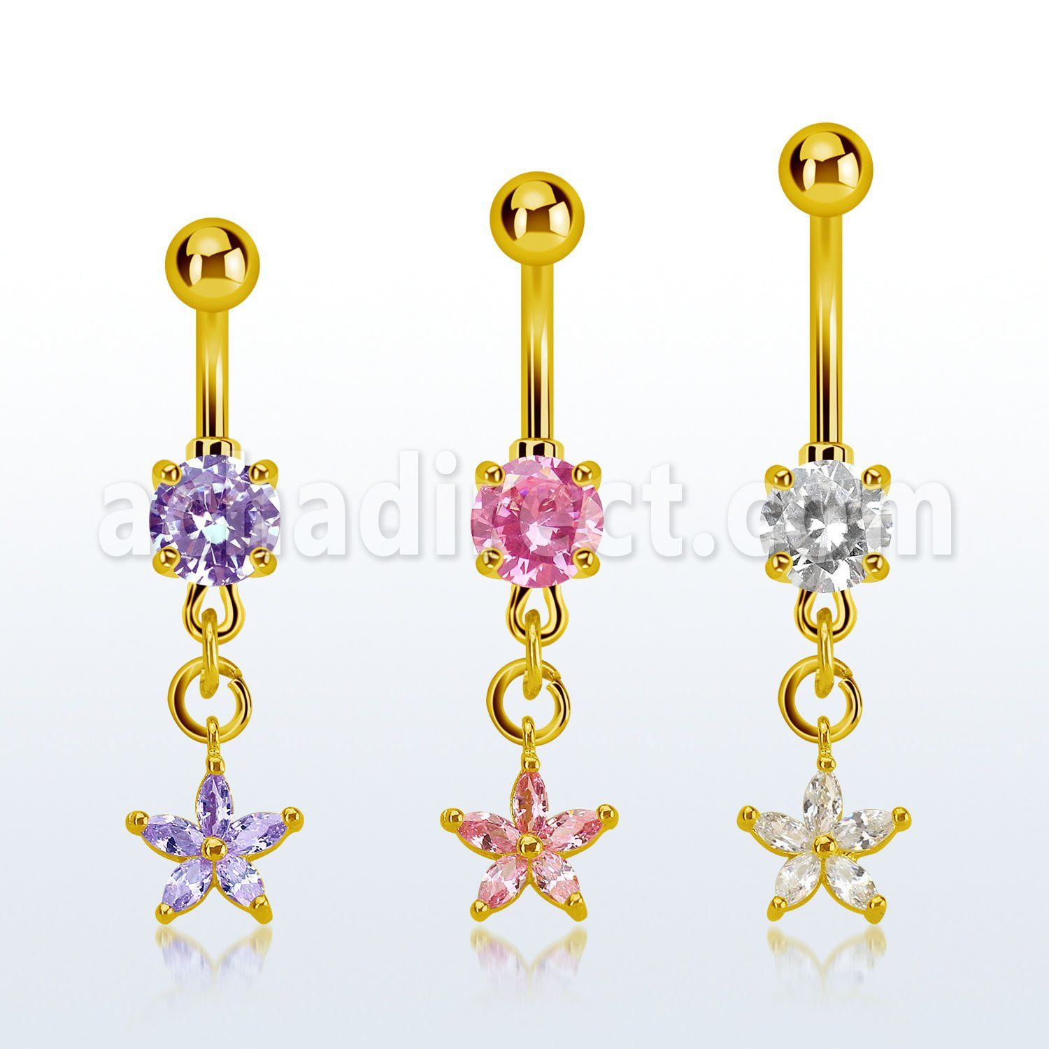 mdgz413 piercing ombligo acero 316l anodizado dorado zirconia redonda 8mm colgante flor zirconia oro al por mayor