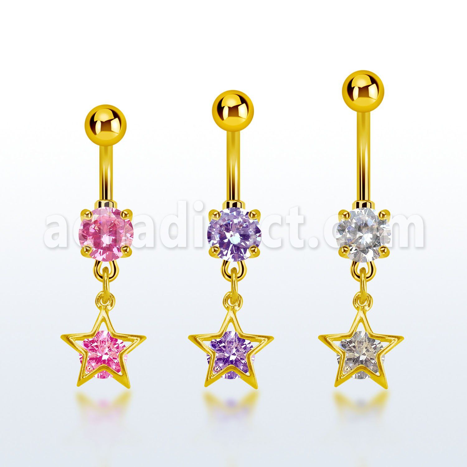mdgz414 piercing ombligo acero 316l anodizado dorado zirconia redonda 8mm colgante estrella zirconia redonda medio oro al por mayor