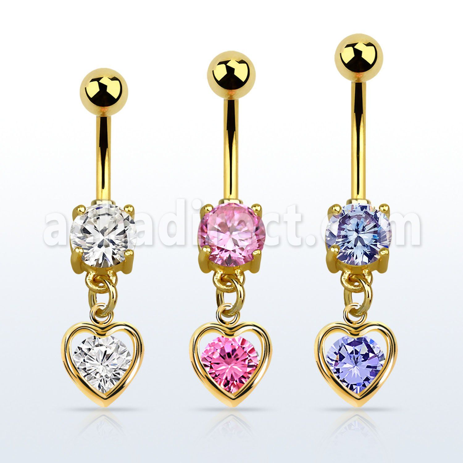 mdgz419 piercing ombligo acero 316l oro zirconita redonda 8mm colgante corazon zirconia redonda medio oro al por mayor