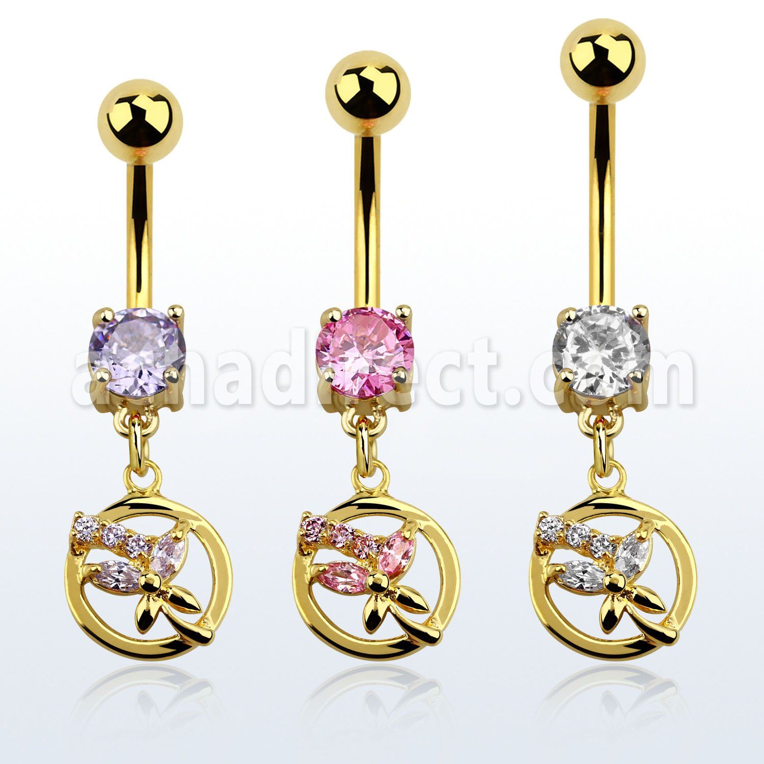 mdgz520 piercing ombligo acero 316l anodizado dorado zirconia redonda 8mm circulo colgado mariposa cristal distribuidor