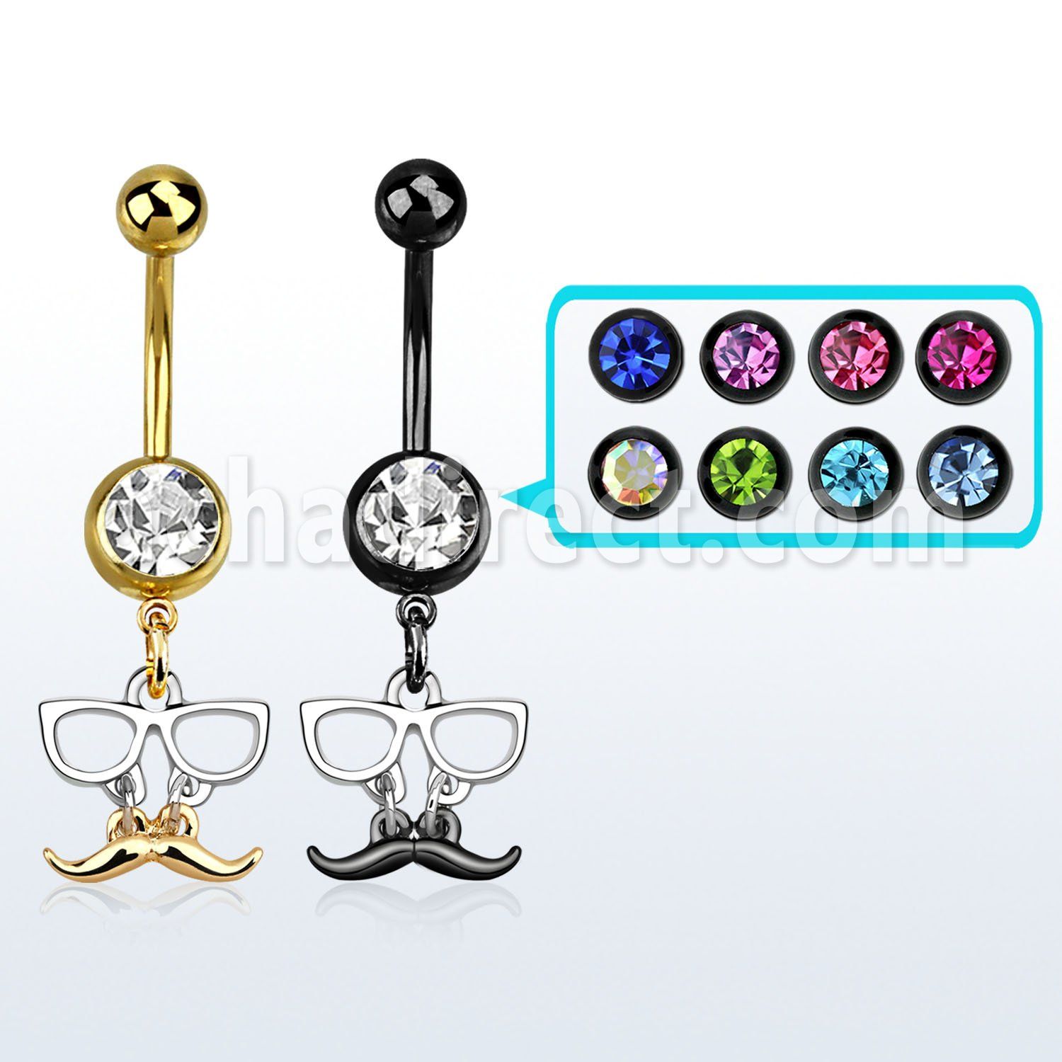mdk507 piercing ombligo acero 316l pvd bola joya 8mm colgante negro dorado bigote gafas 38 10mm al por mayor
