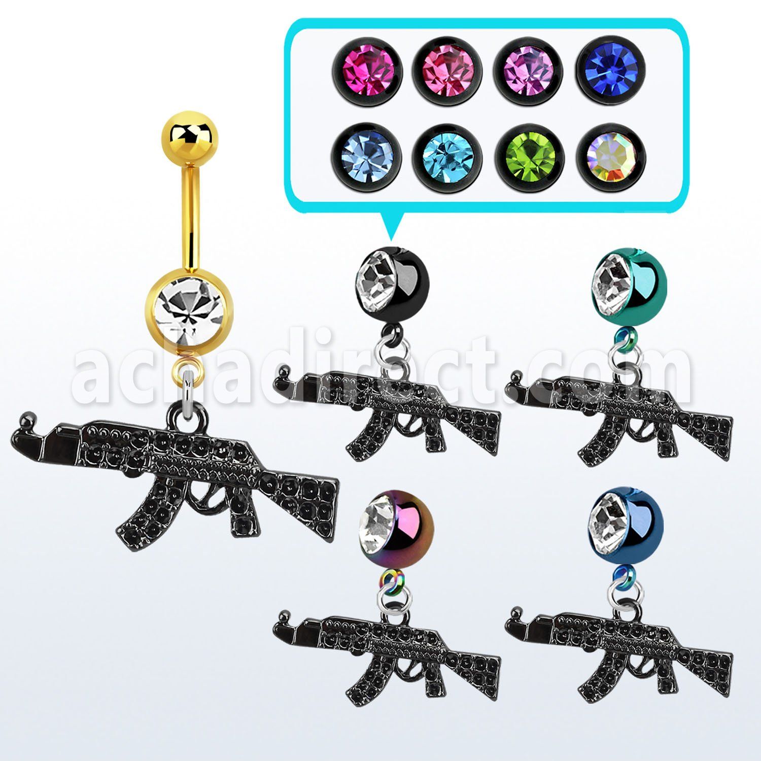 mdk631k piercing ombligo acero quirurgico pvd bola lisa 5mm bola 8mm joya miniatura ak47 negro 10mm mayorista