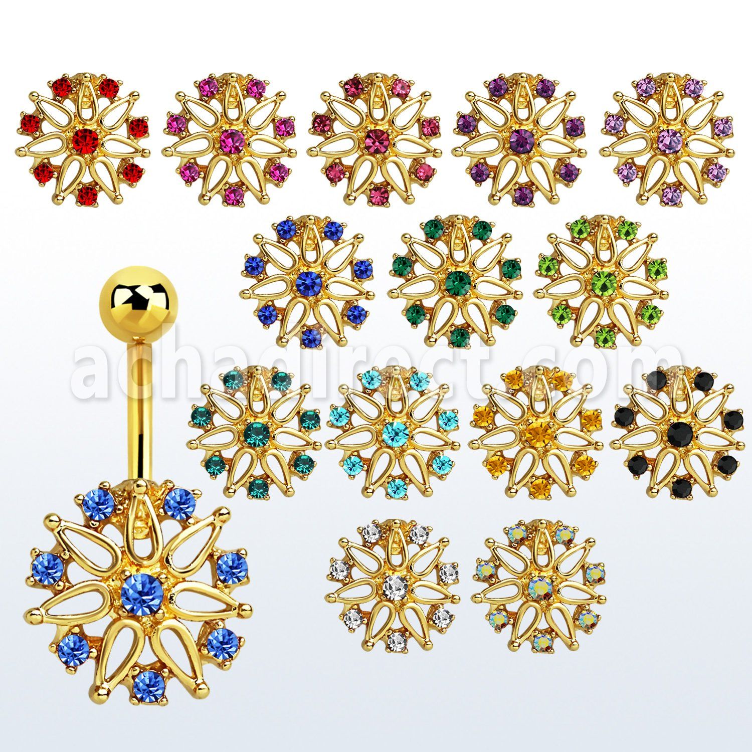 mdk700 piercing ombligo acero 316l anodizado flor grandes cristal inferior al por mayor