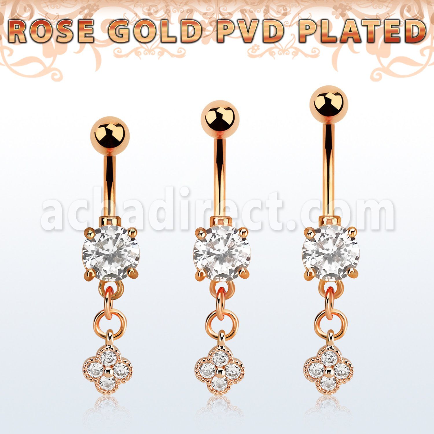 mdrz411 piercing ombligo acero 316l pvd oro rosa zirconita redonda 8mm colgante flor zirconia oro rosa distribuidor