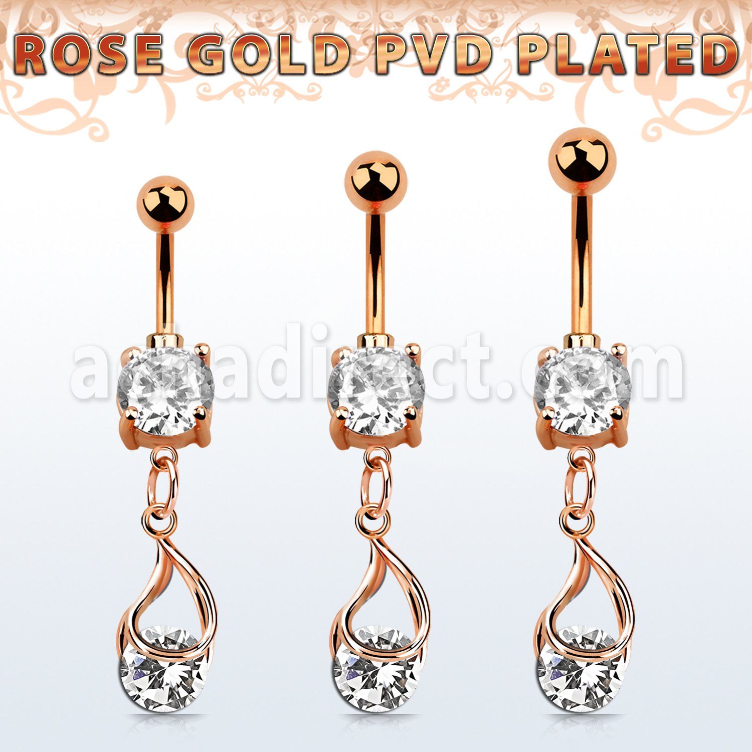 mdrz416 piercing ombligo acero 316l oro rosa zirconita redonda 8mm colgante zirconia redonda ajustada presion oro rosa venta