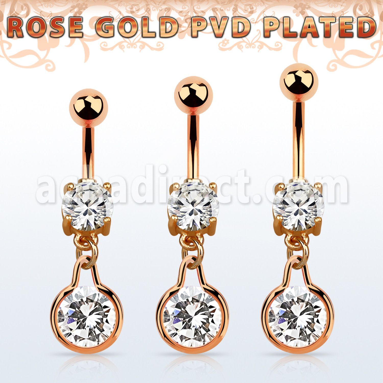 mdrz417 piercing ombligo acero 316l oro rosa zirconita redonda 8mm colgante redondo zirconia medio oro rosa mayorista