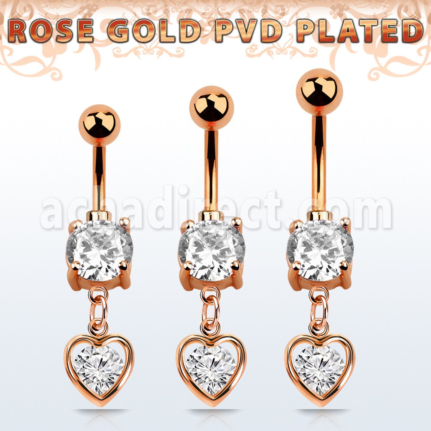 mdrz419 piercing ombligo acero 316l oro rosa zirconita redonda 8mm colgante corazon zirconia redonda medio oro rosa mayorista