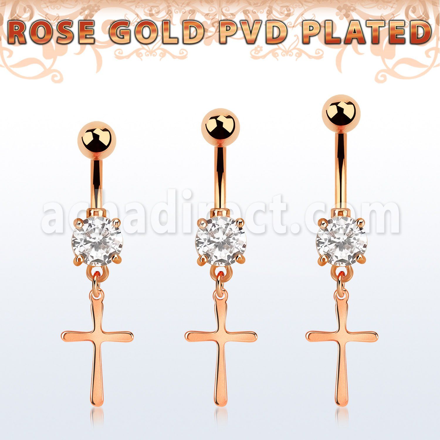 mdrz757 piercing ombligo acero quirurgico oro rosa zirconia redonda 8mm colgante liso cruz simple venta