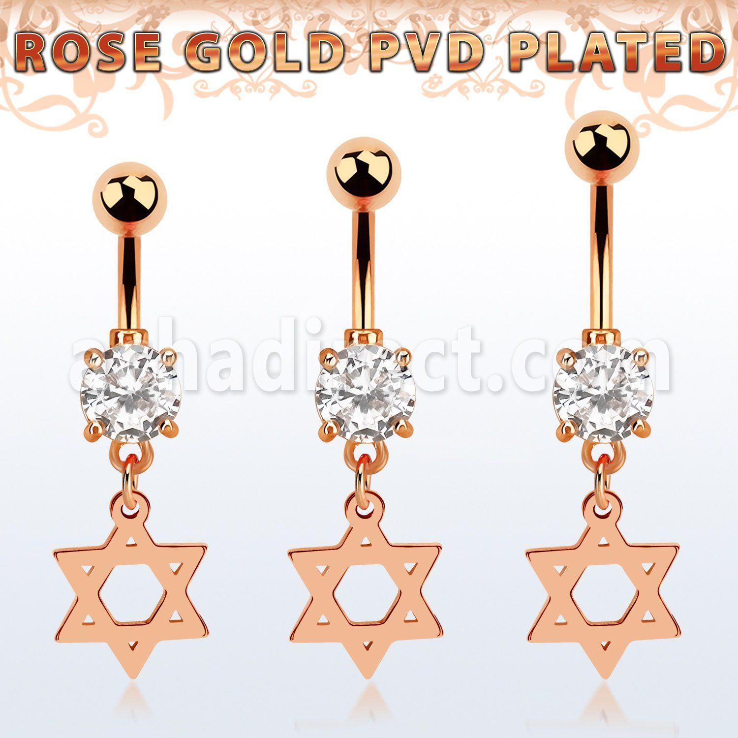 mdrz758 piercing ombligo acero quirurgico oro rosa zirconia redonda 8mm colgante estrella david venta