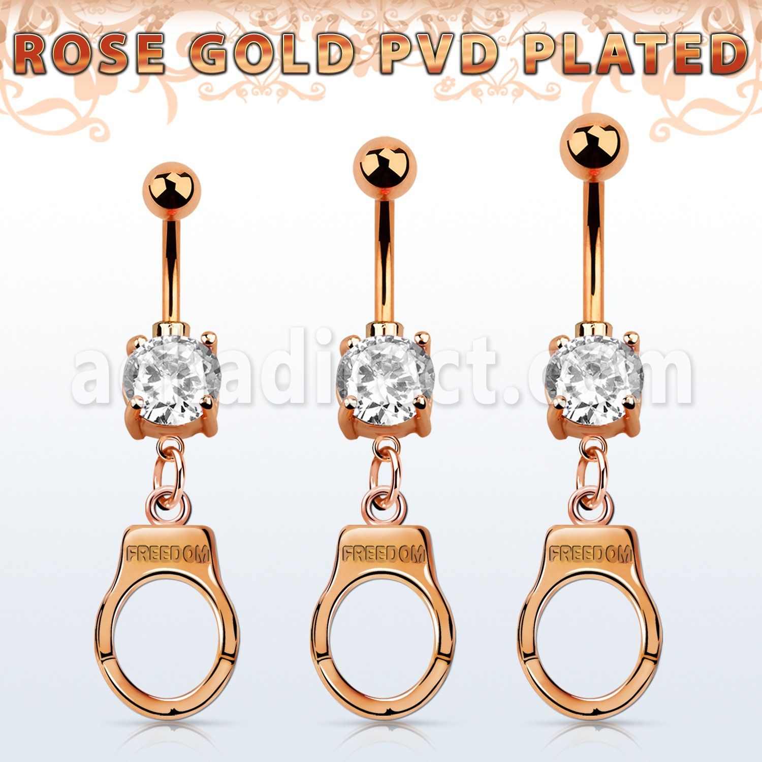 mdrz765c piercing ombligo acero 316l anodizado oro rosa zirconia redonda 8mm colgante esposas grabado freedom oro rosa venta