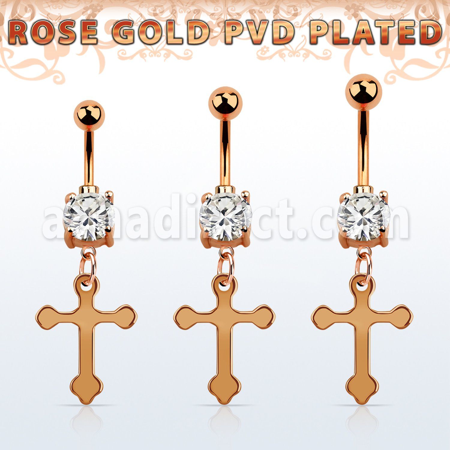 mdrzcro piercing ombligo acero 316l pvd oro rosa zirconia redonda 7mm colgante vintage cruz acero venta