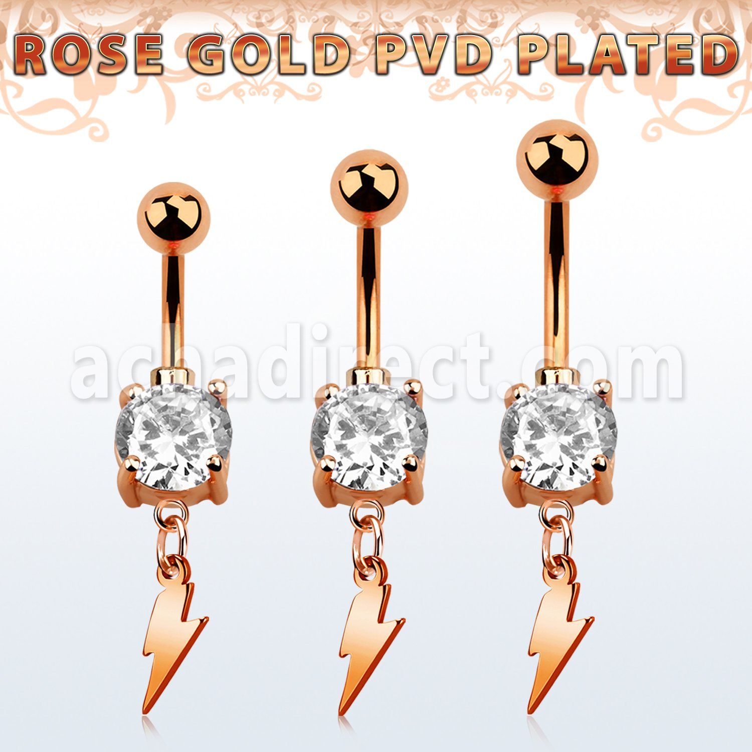 mdrzlit piercing ombligo acero 316l pvd oro rosa zirconia redonda 8mm colgante acero rayo al por mayor