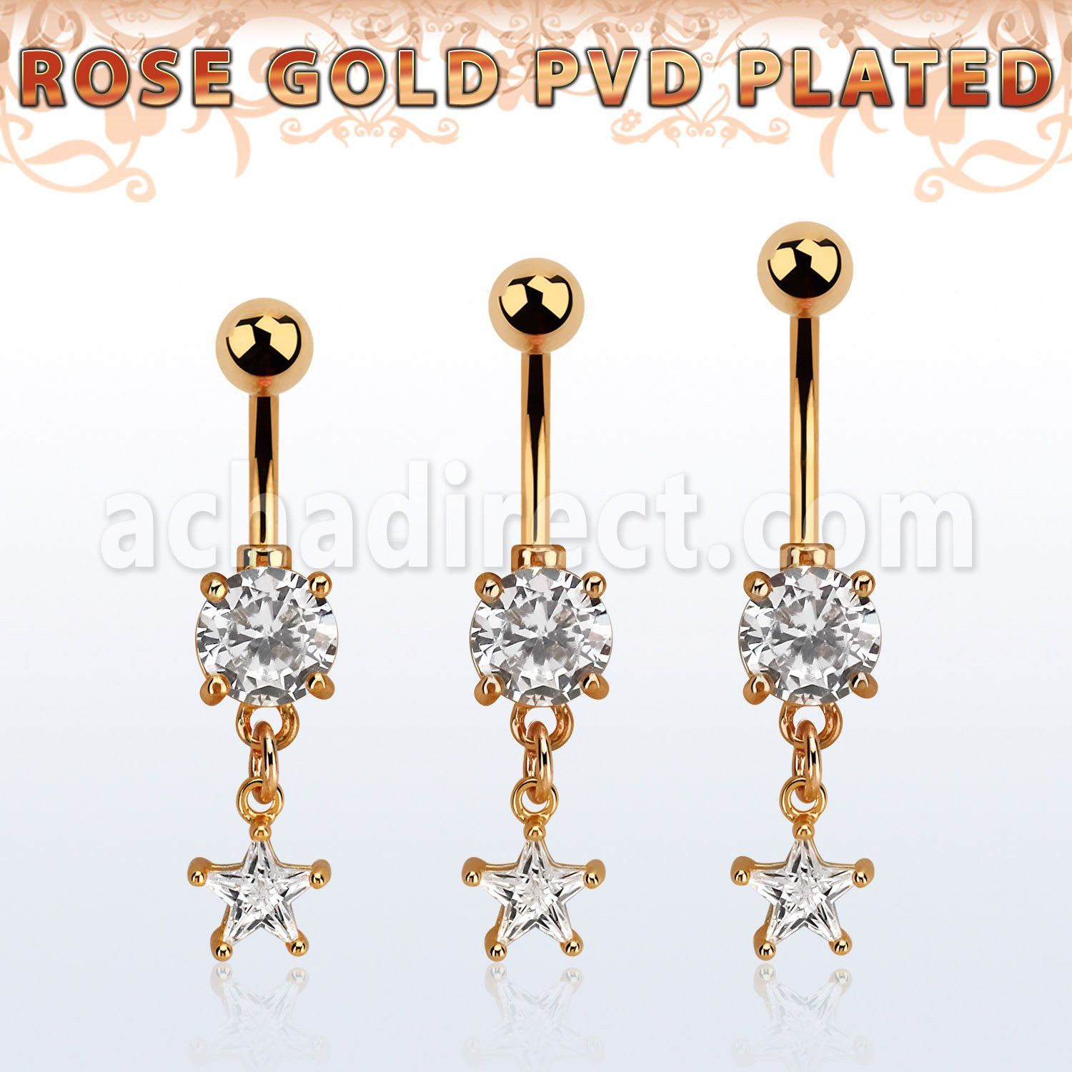 mdrzs6 piercing ombligo acero 316l anodizado oro rosa zirconia redonda 8mm colgante estrella zirconia 6mm oro rosa venta