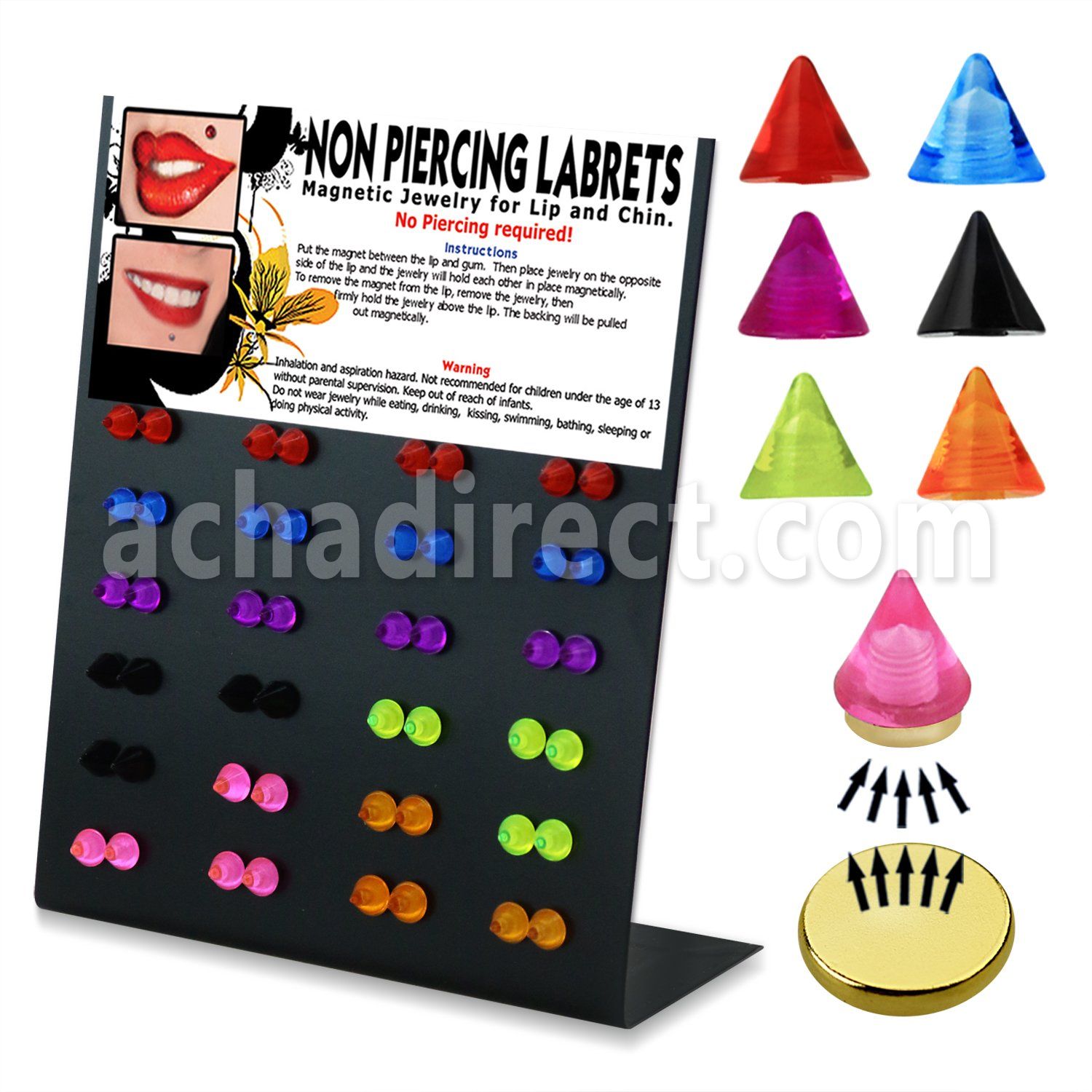 mg101 display 48 piercings labret falsos acrilicos magneticos 5mm cono distribuidor mayorista