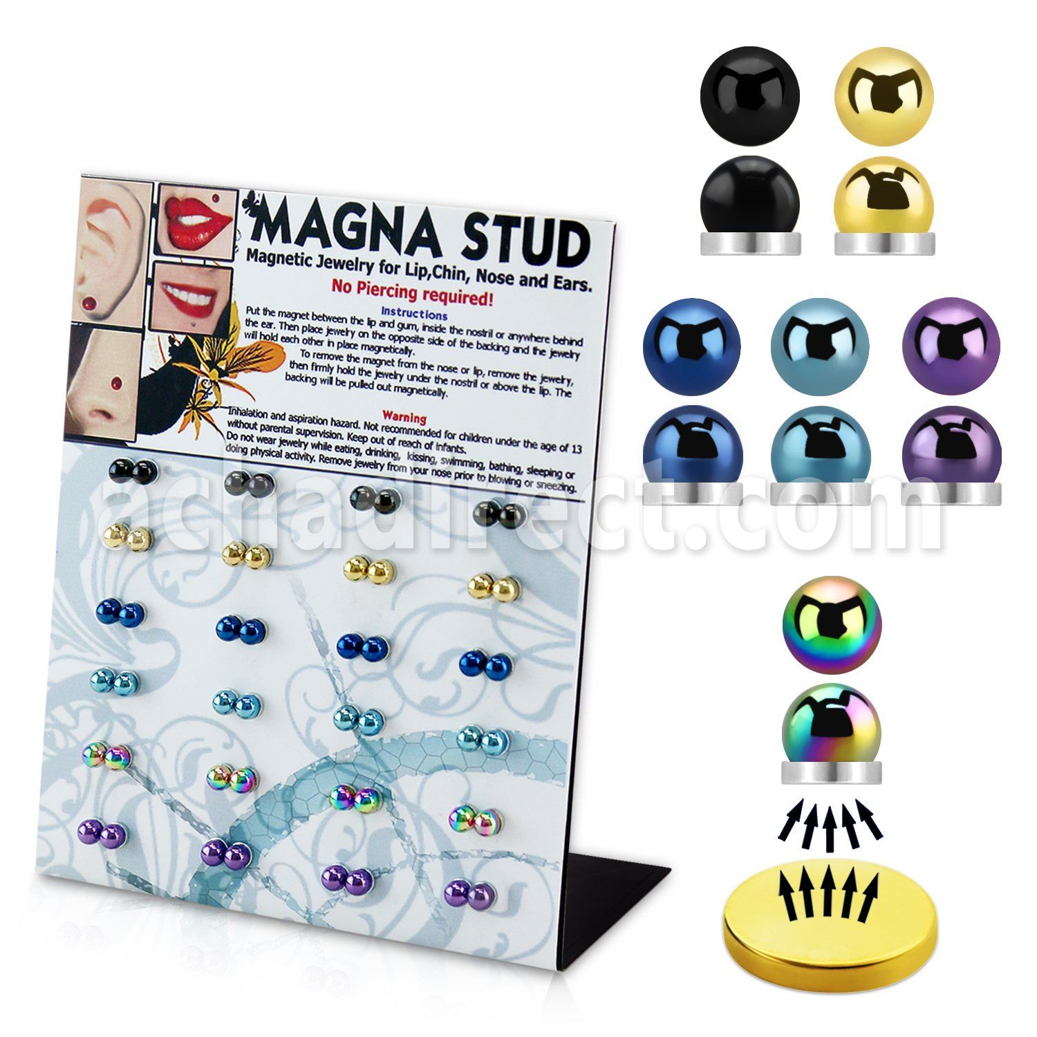 mg102 display 48 piercings labret magneticos acero anodizado 4mm media bola al por mayor