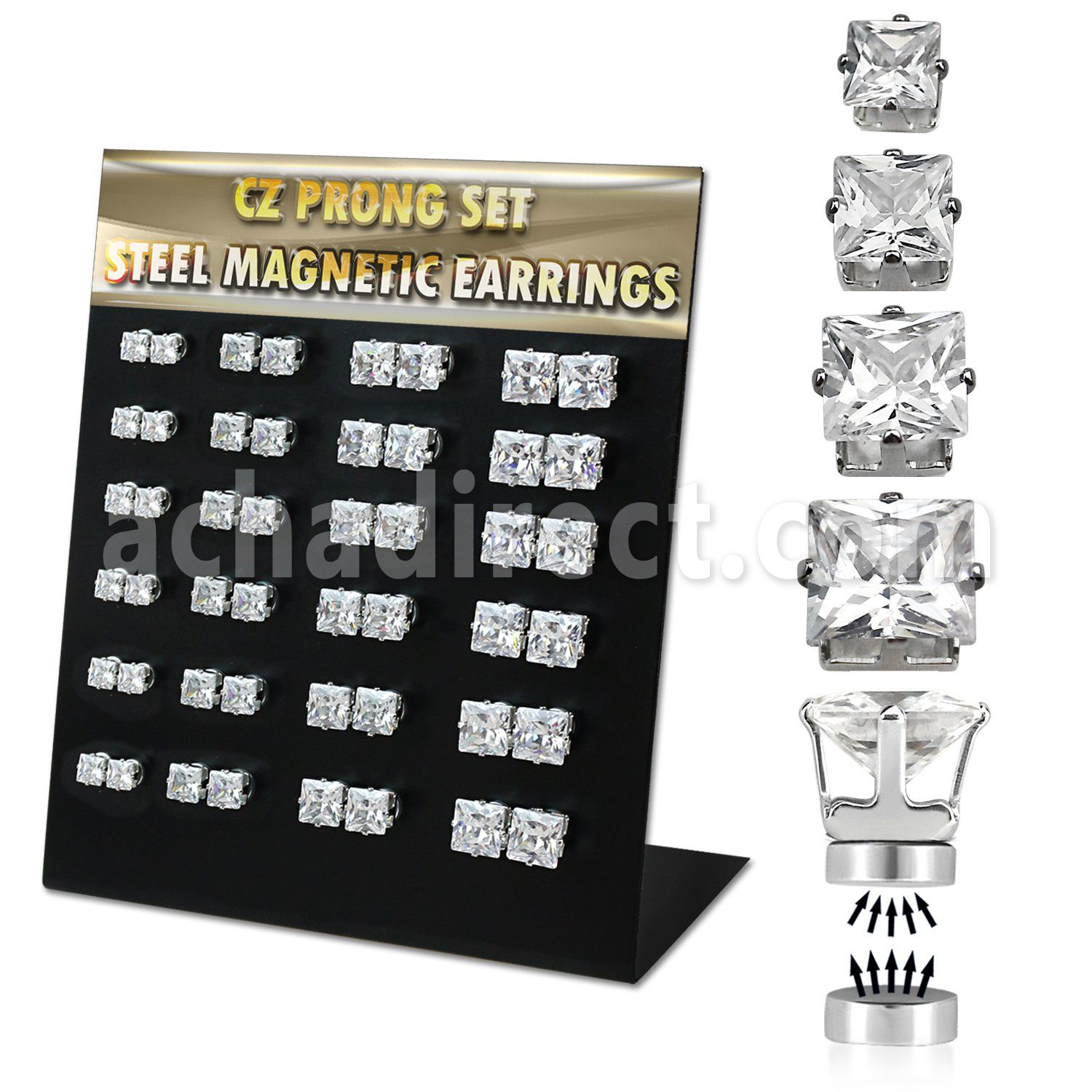 mg113 display 24 pares piercings oreja acero 316l magneticos zirconia clara cuadrada bandeja magnetica 4mm 7mm venta