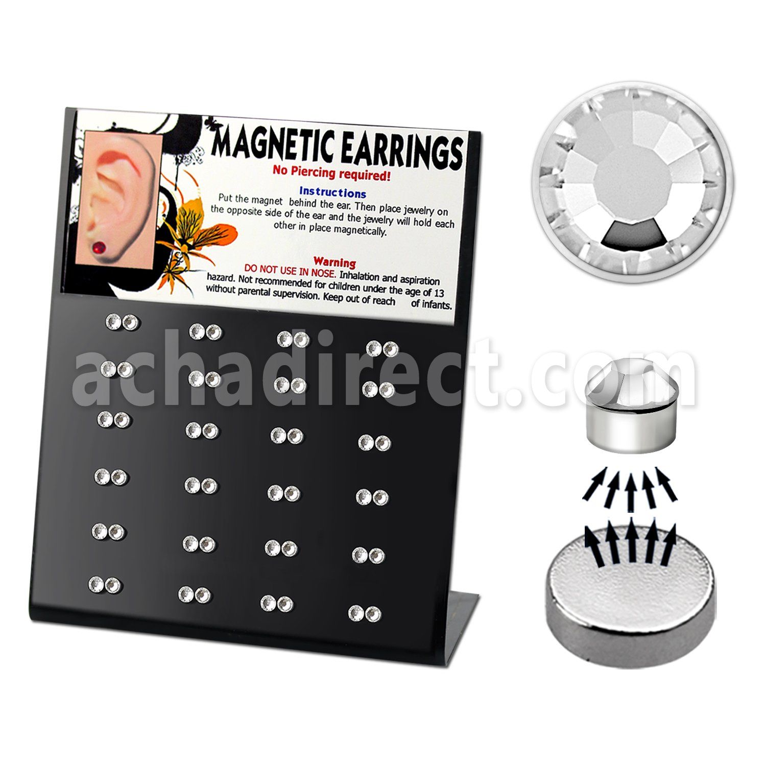 mg81 display 24 pares piercins ojera magneticos cristal claros redondos 3mm distribuidor mayorista