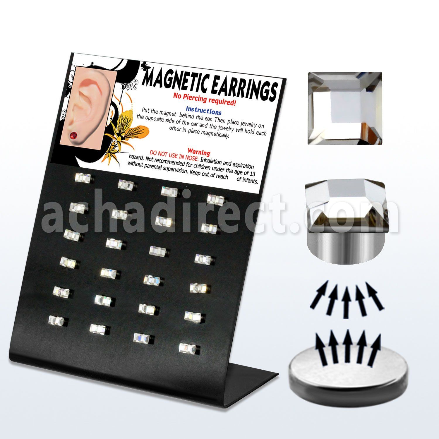 mg88 display 24 pares cristal magneticos cuadrados 3mm oreja venta