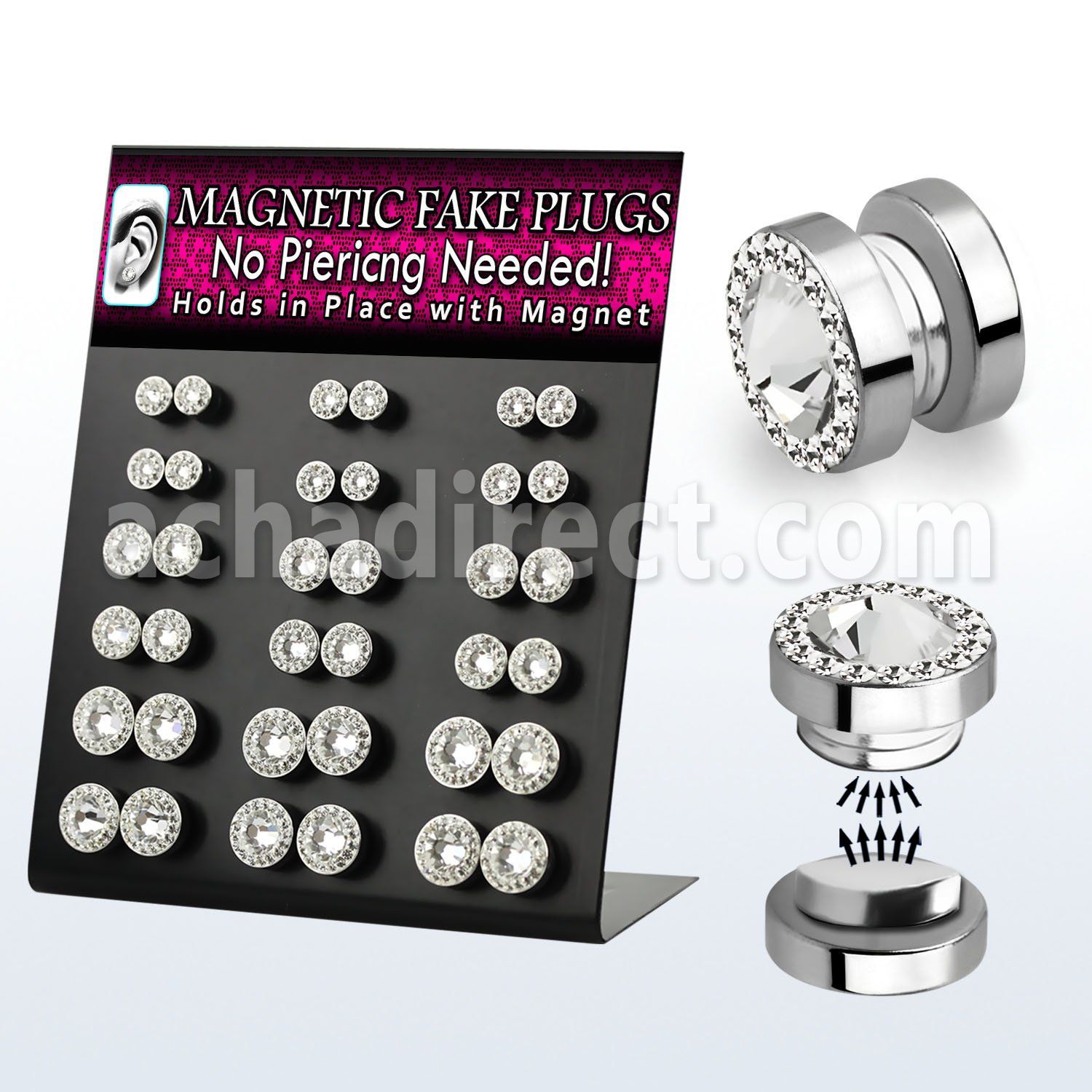 mgmpr16 display expositor 36 plugs falsos acero magneticos cristal swarovski ferido centro cristal al por mayor