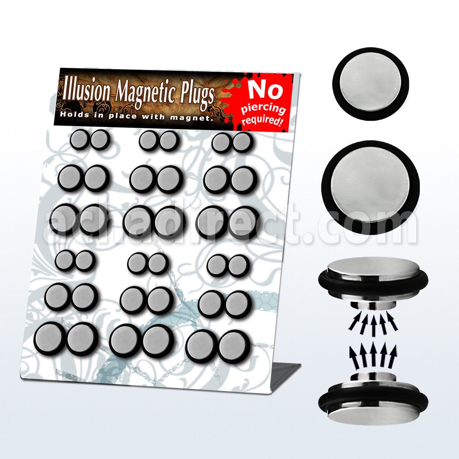 mgmpr4 display 18 plugs falsos magneticos acero brillo espejo anillos goma mayorista