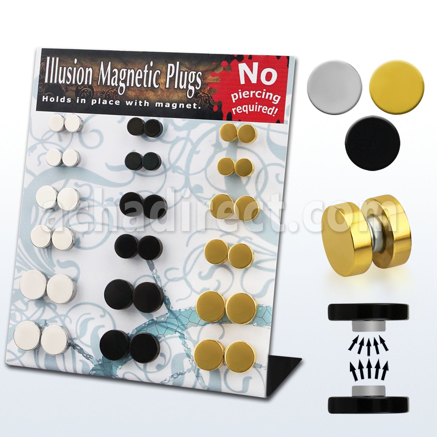 mgmpr8 display 18 plugs falsos magneticos acero brillo espejo acero anodizado negro dorado anillo goma distribuidor mayorista