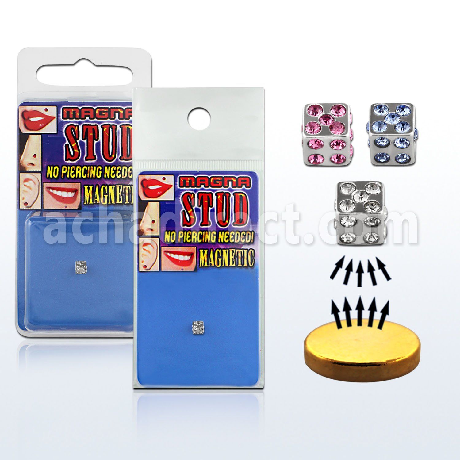 mgsdc4 piercing magnetico dado cristal acero quirurgico brillo espejo 4mm base magnetica color dorado 8mm 1 pieza distribuidor mayorista