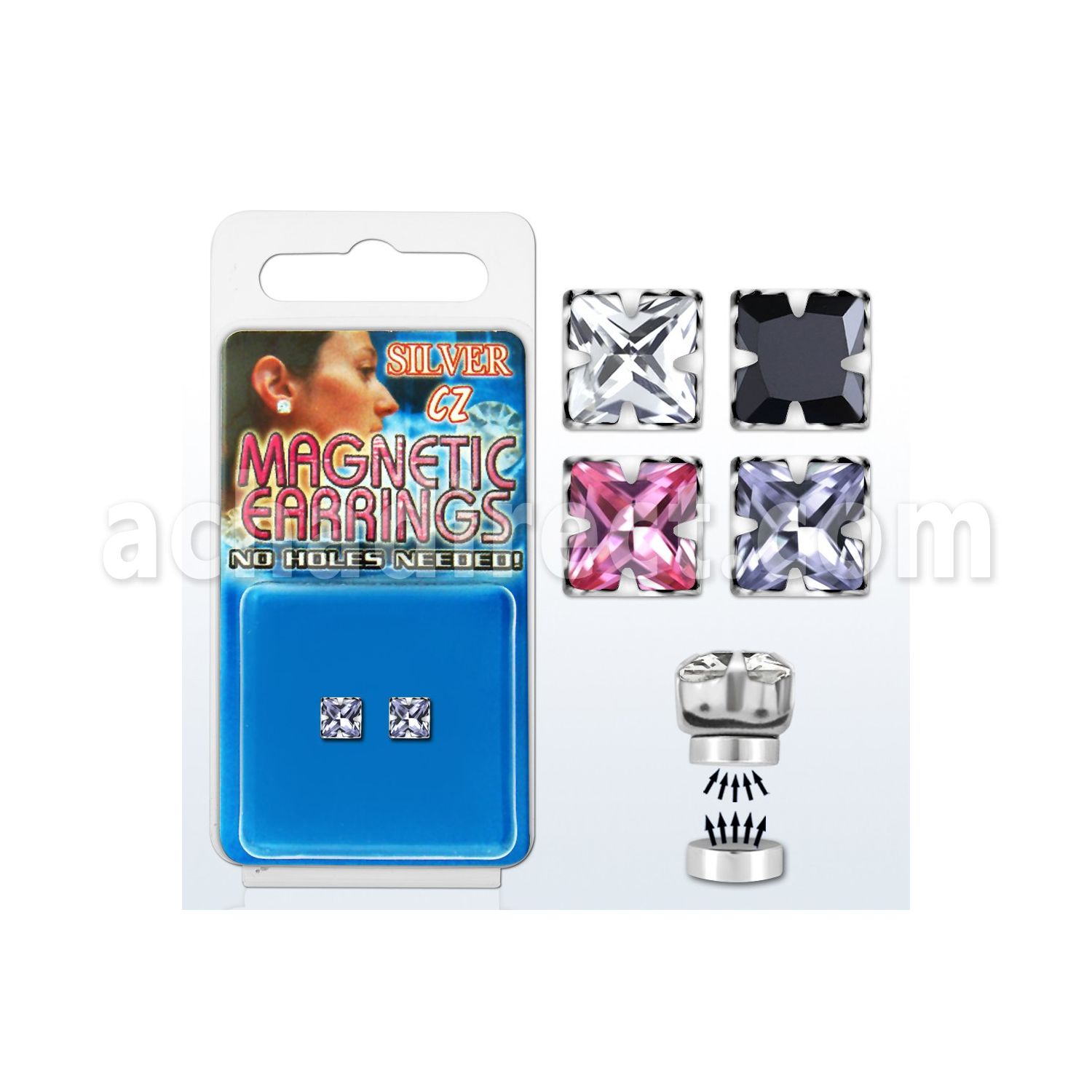 mgzq5m par piercings oreja magneticos plata zirconia cuadrada color 5mm mayorista