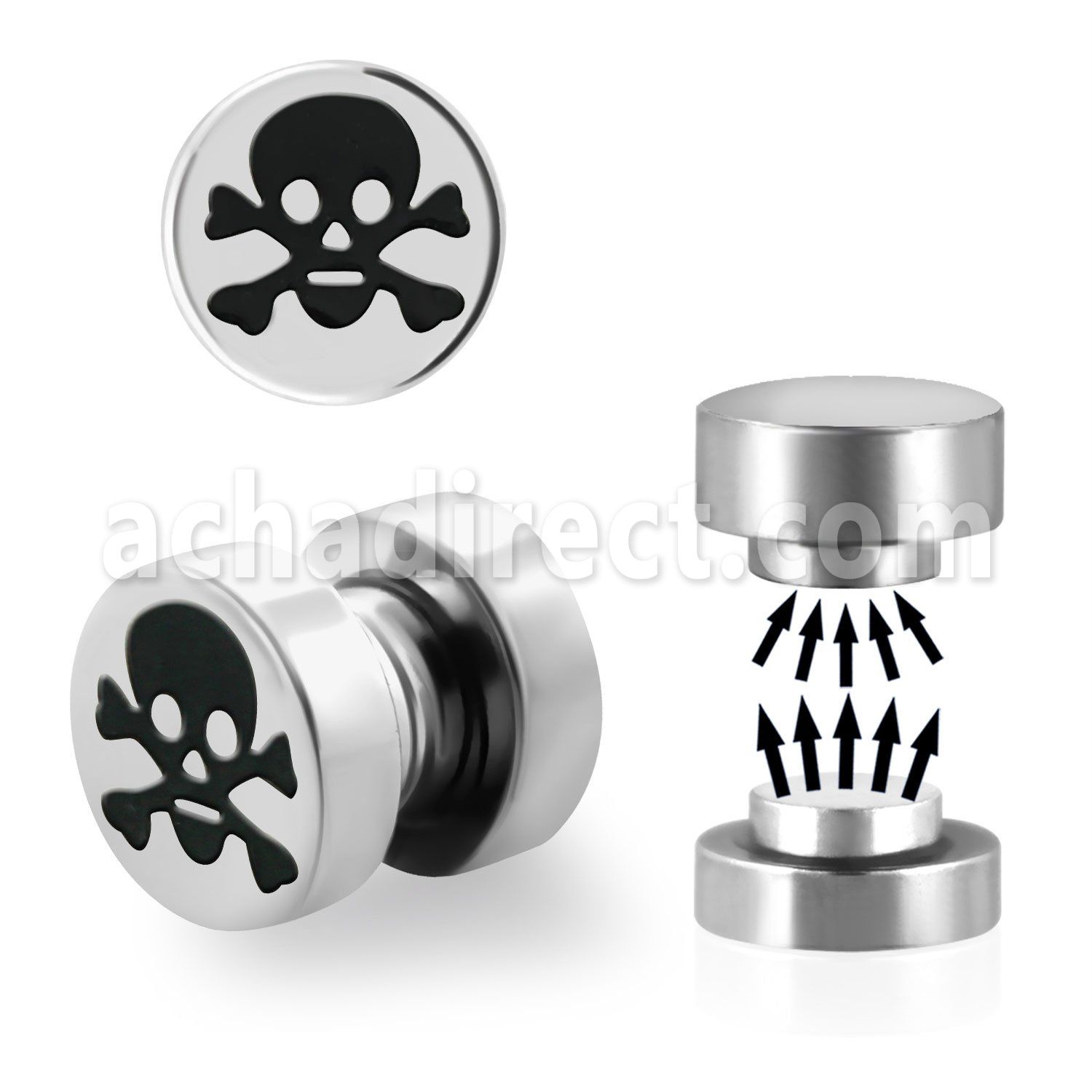 mip10 plug falso magnetico acero quirurgico logo huesos cruzados detras calavera 8mm vendido por pieza venta