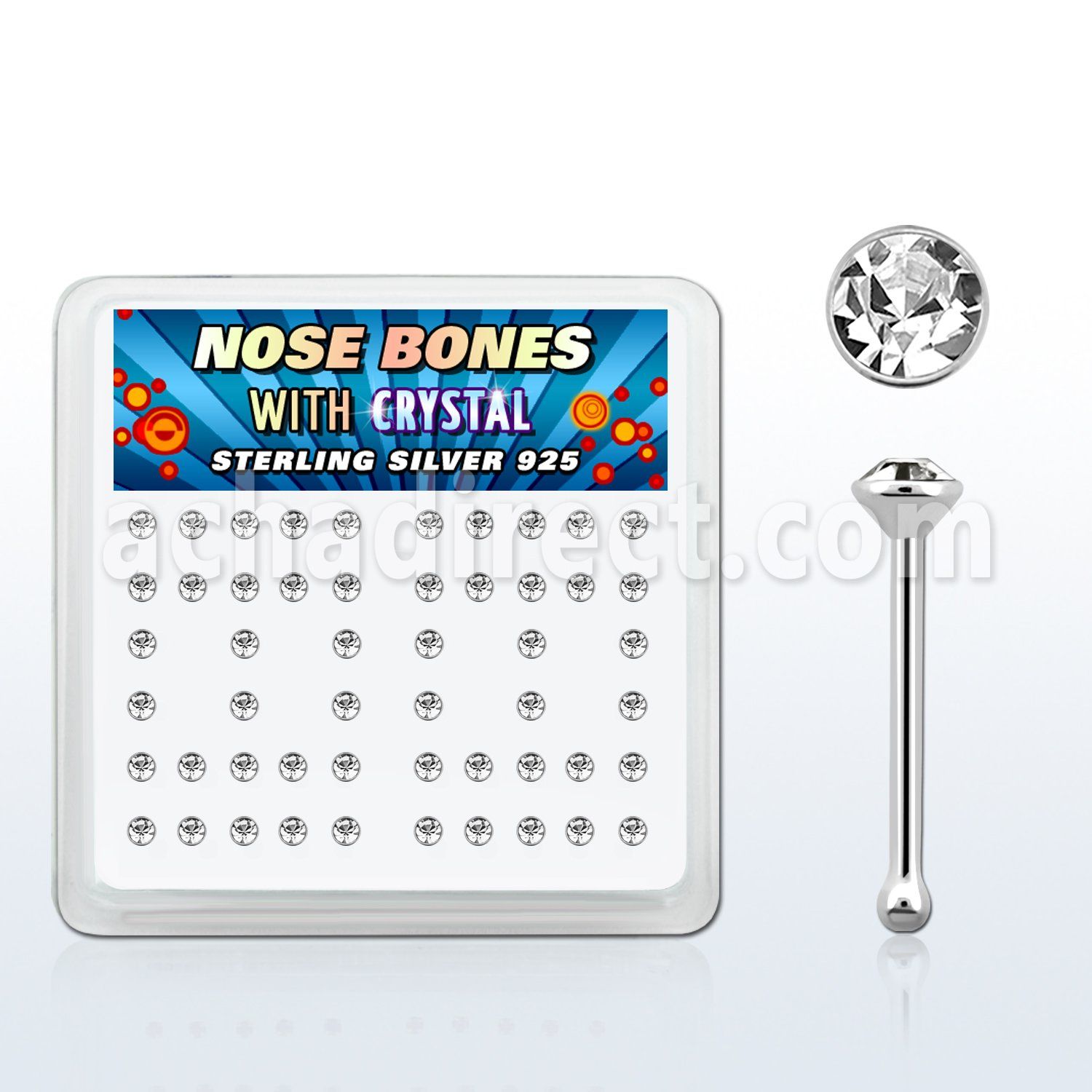 nb14cx caja display piercing nariz hueso plata 925 0 6mm cristal redondo claro 2mm mayorista