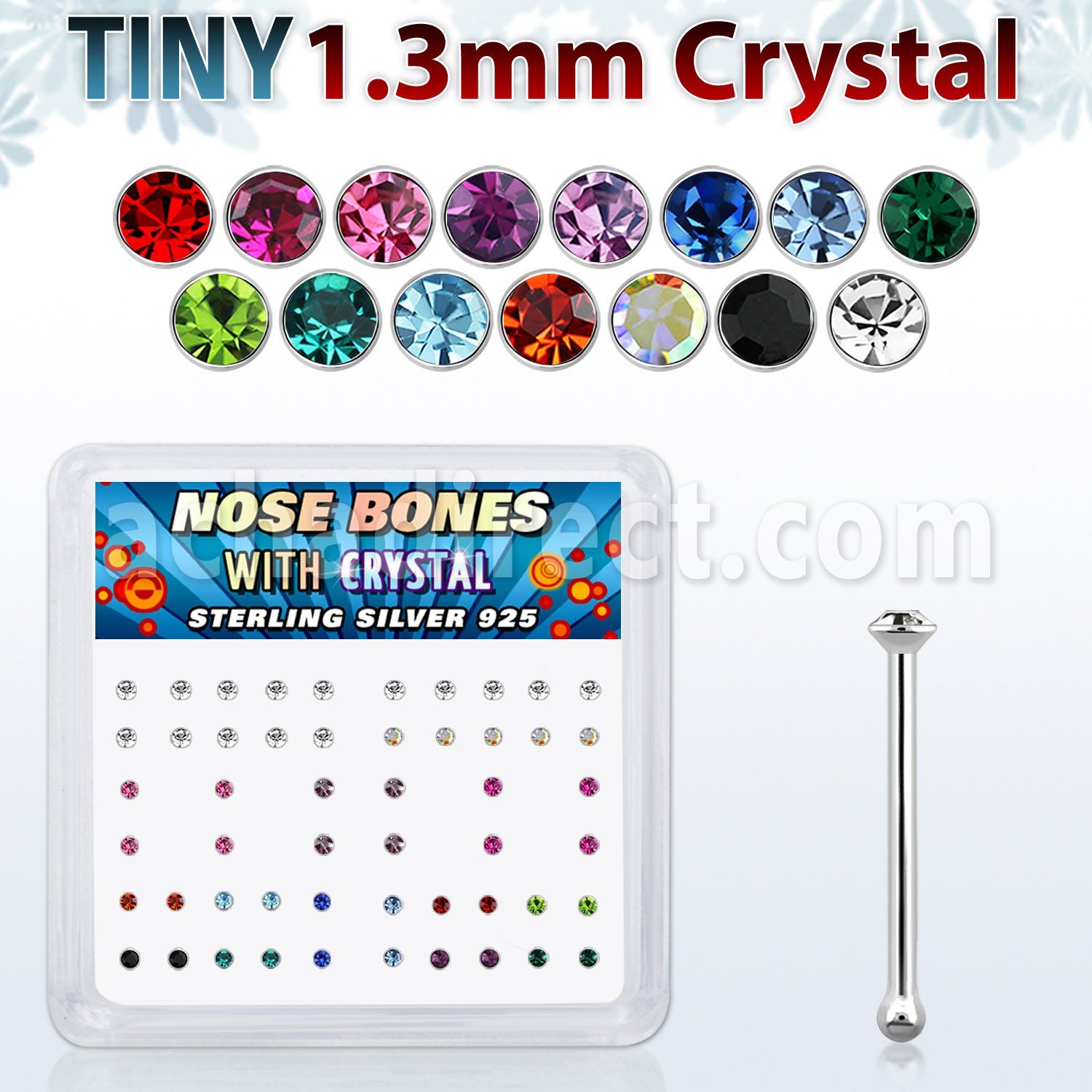 nb6mx caja display 36 piercing nariz hueso plata esterlina 925 0 6mm cristal 1 25mm al por mayor
