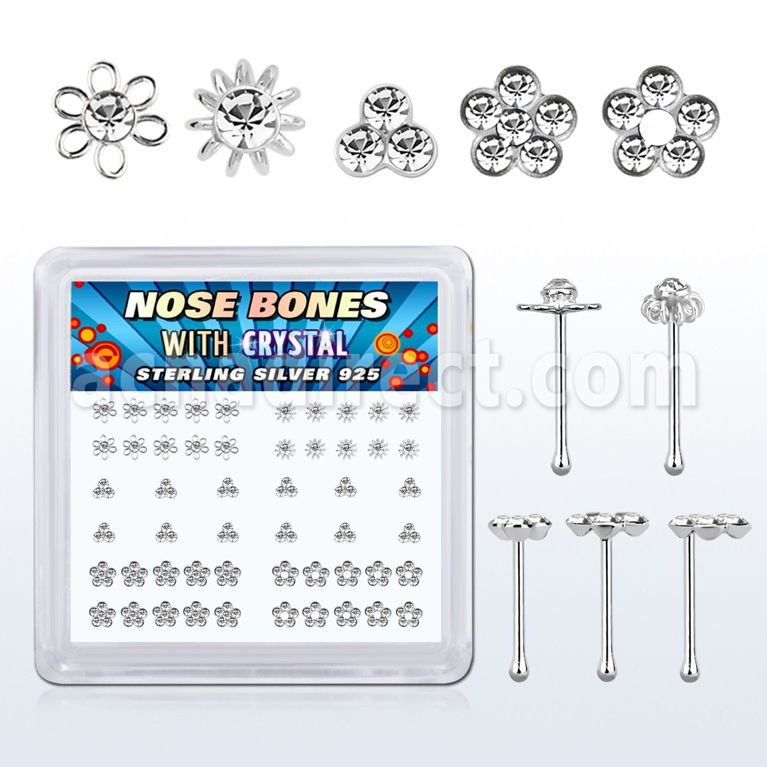 nbbxm7c display caja unidades piercing nariz hueso plata esterlina parte superior flores variadas cristales color claro