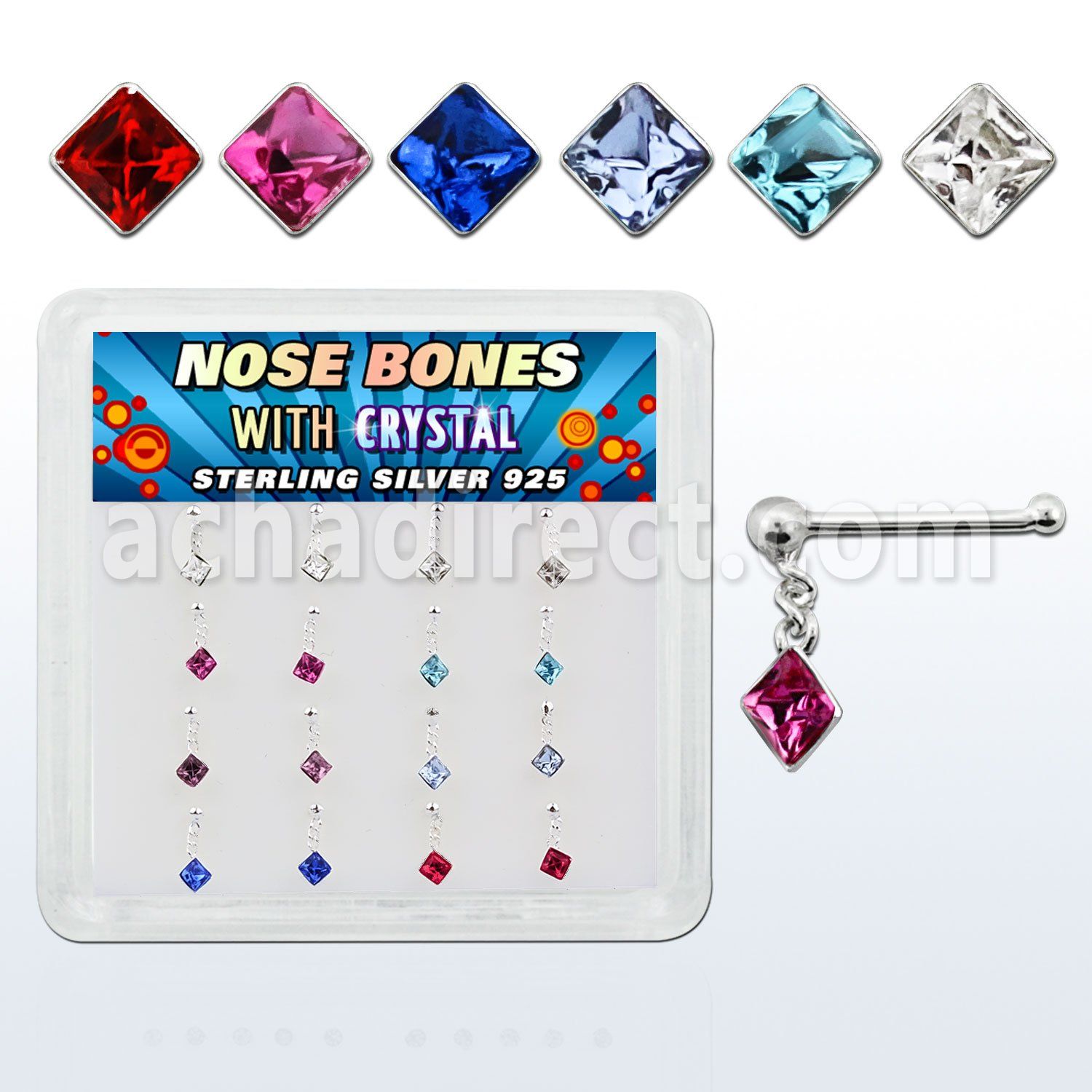 nbdqm16 caja display 16 piercing nariz hueso plata esterlina 925 0 6mm bola cristal cuadrdo colgado 1 5mm venta