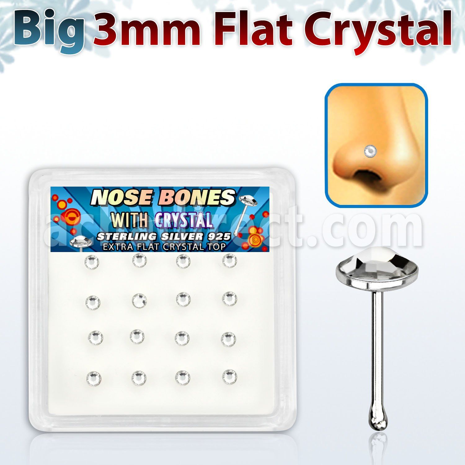 nbfb16c caja display 16 piercing nariz hueso plata esterlina 925 0 6mm cristal redondo claro 3mm extra plano mayorista