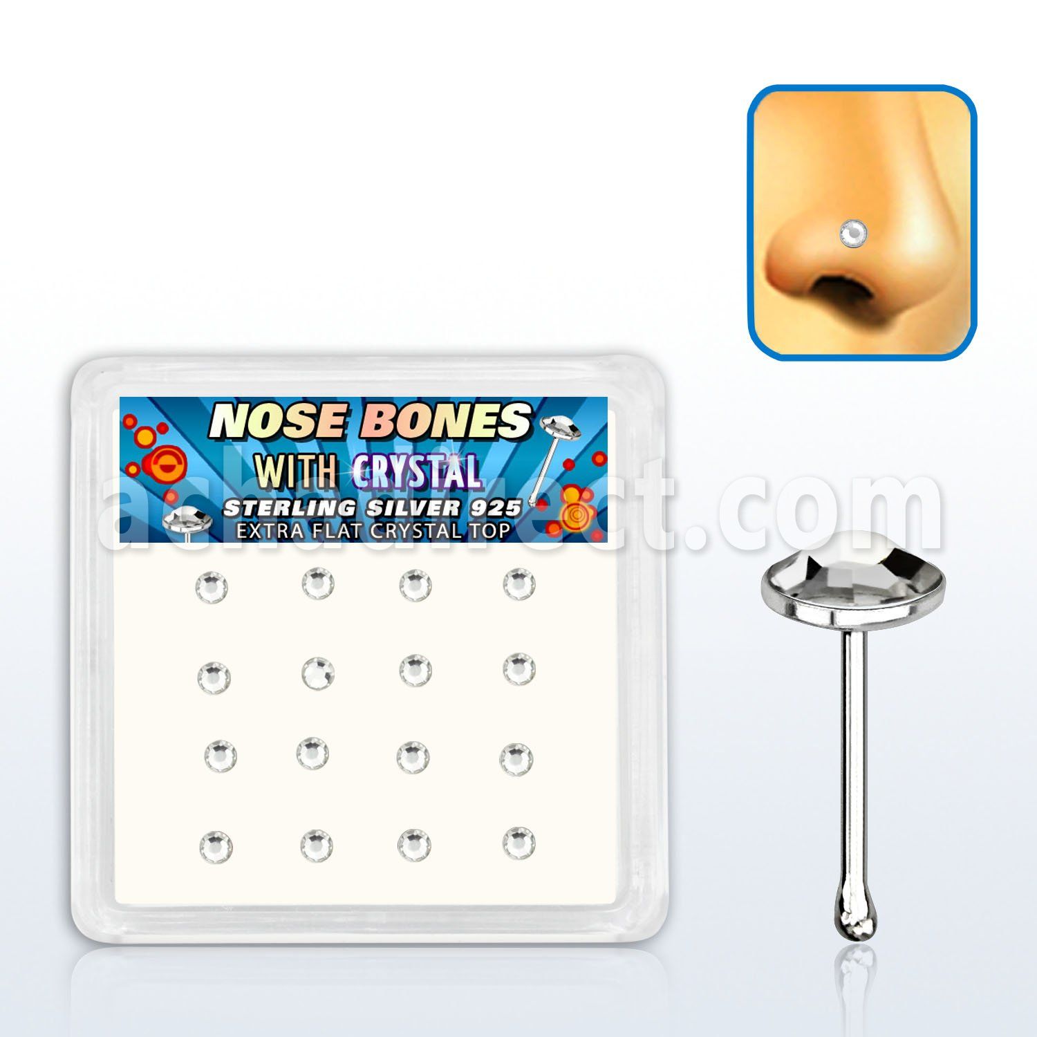 nbfbs16c caja display 16 piercing nariz hueso plata esterlina 925 0 6mm cristal claro redondo extra plano 2 5mm venta