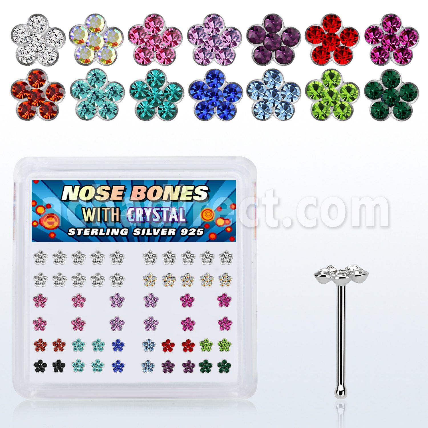 nbflbxs caja display piercing nariz hueso plata esterlina 925 0 6mm flor cristal 1mm mayorista