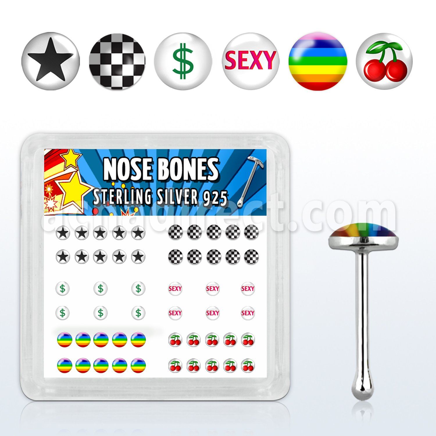 nblgx3 caja display piercing nariz hueso plata esterlina 925 0 6mm varios logos sexy estrella cerezas cuadros $ mayorista