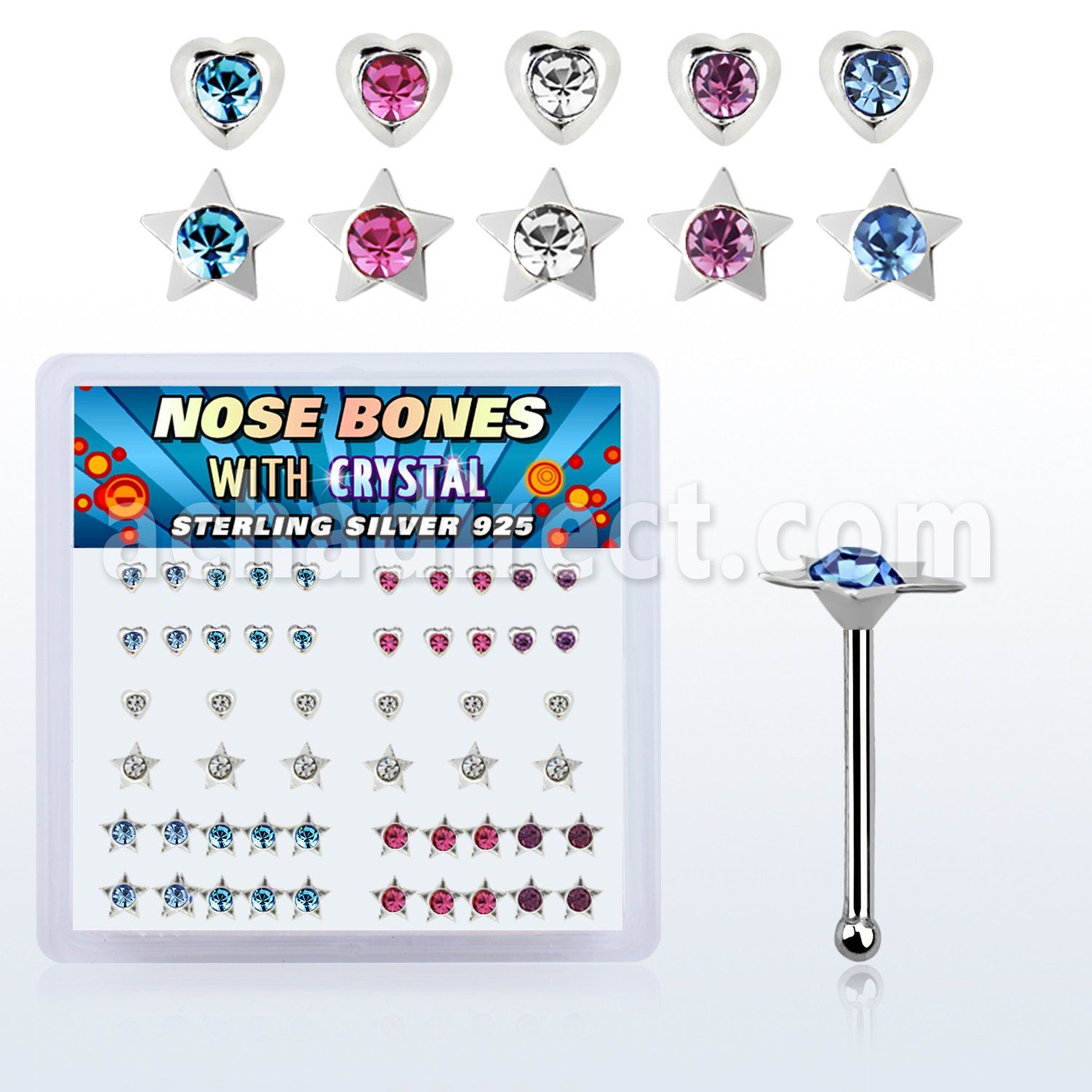 nbmhsm caja display piercing nariz hueso plata esterlina 925 0 6mm corazon estrella cristal redondo centro distribuidor mayorista