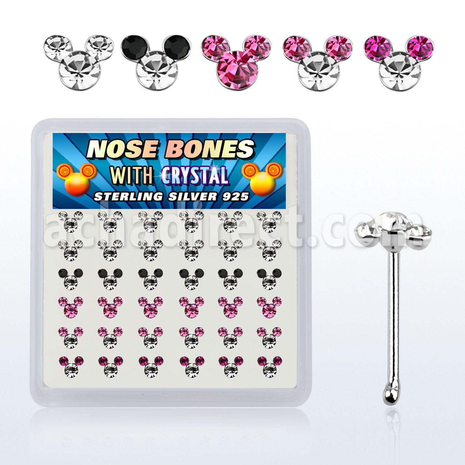 nbmos36a caja display 36 piercing nariz hueso plata esterlina 925 0 6mm 3 cristal redondos cara raton multi colores al por mayor