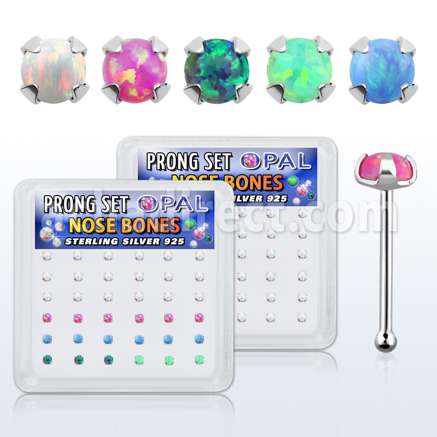 nbpo2 caja 36 piercing nariz hueso plata 925 0 6mm opalos sinteticos redondos 2mm al por mayor