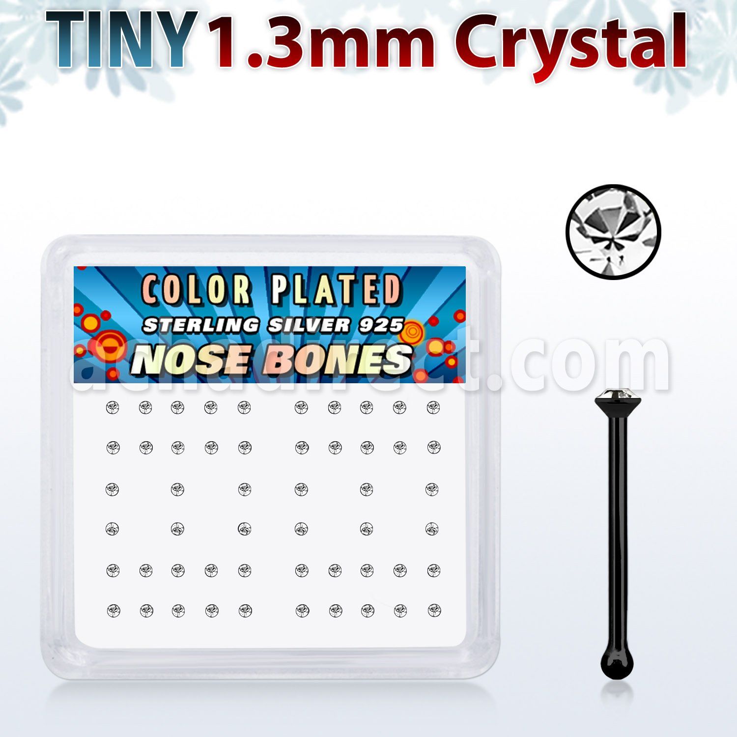 nbrb6xc caja display piercing nariz hueso plata 925 negro 0 6mm cristal claro redondo 1 25mm distribuidor mayorista