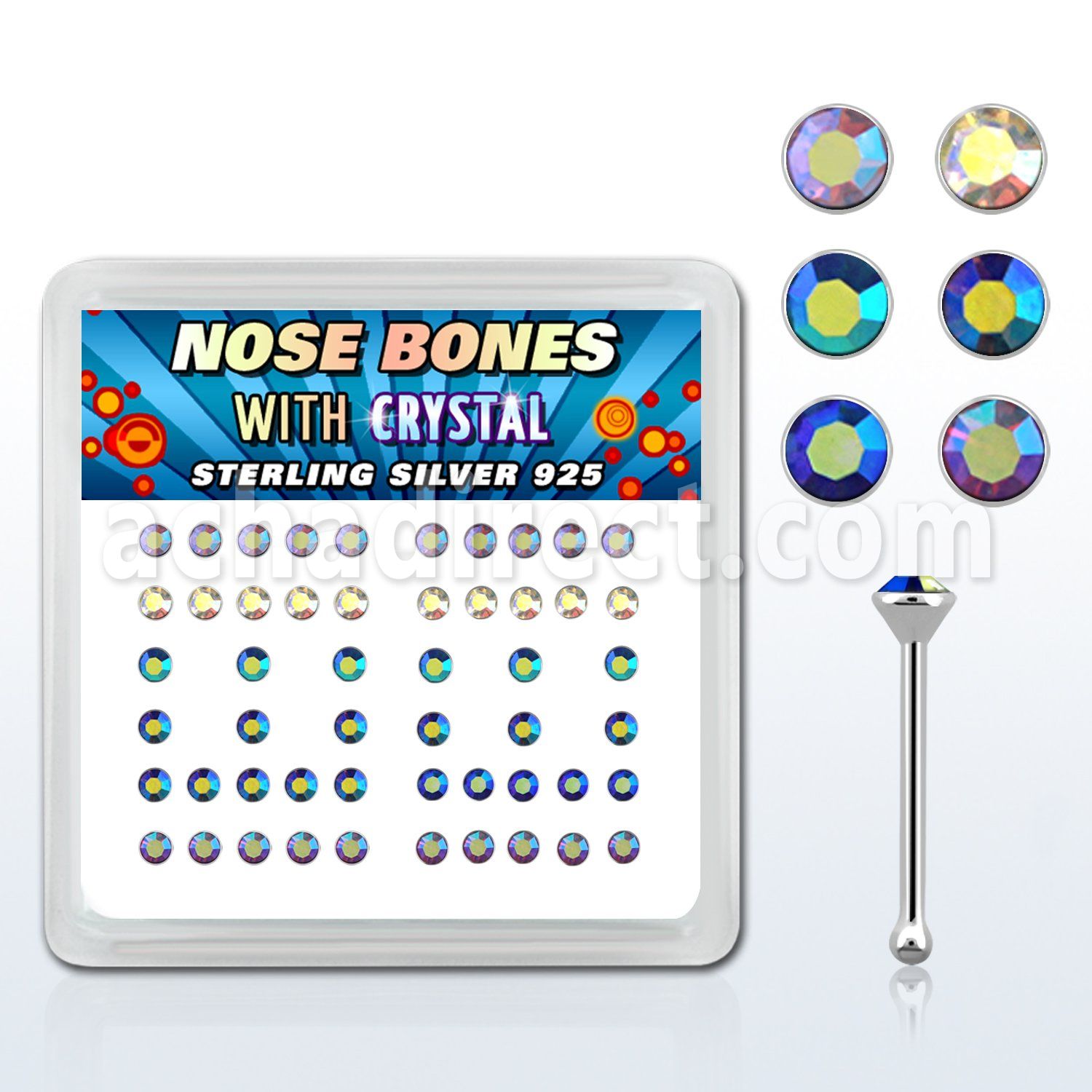 nbrdxabm caja display piercing nariz hueso plata esterlina 925 0 6mm cristal redondos recubrimiento ab venta