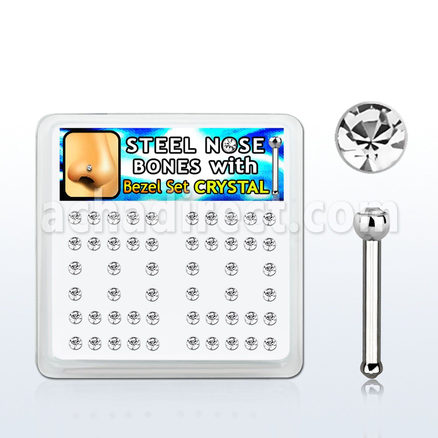 nbsb20xc caja display 52 piercing nariz hueso acero quirurgico cristal redondo 2mm bisel distribuidor