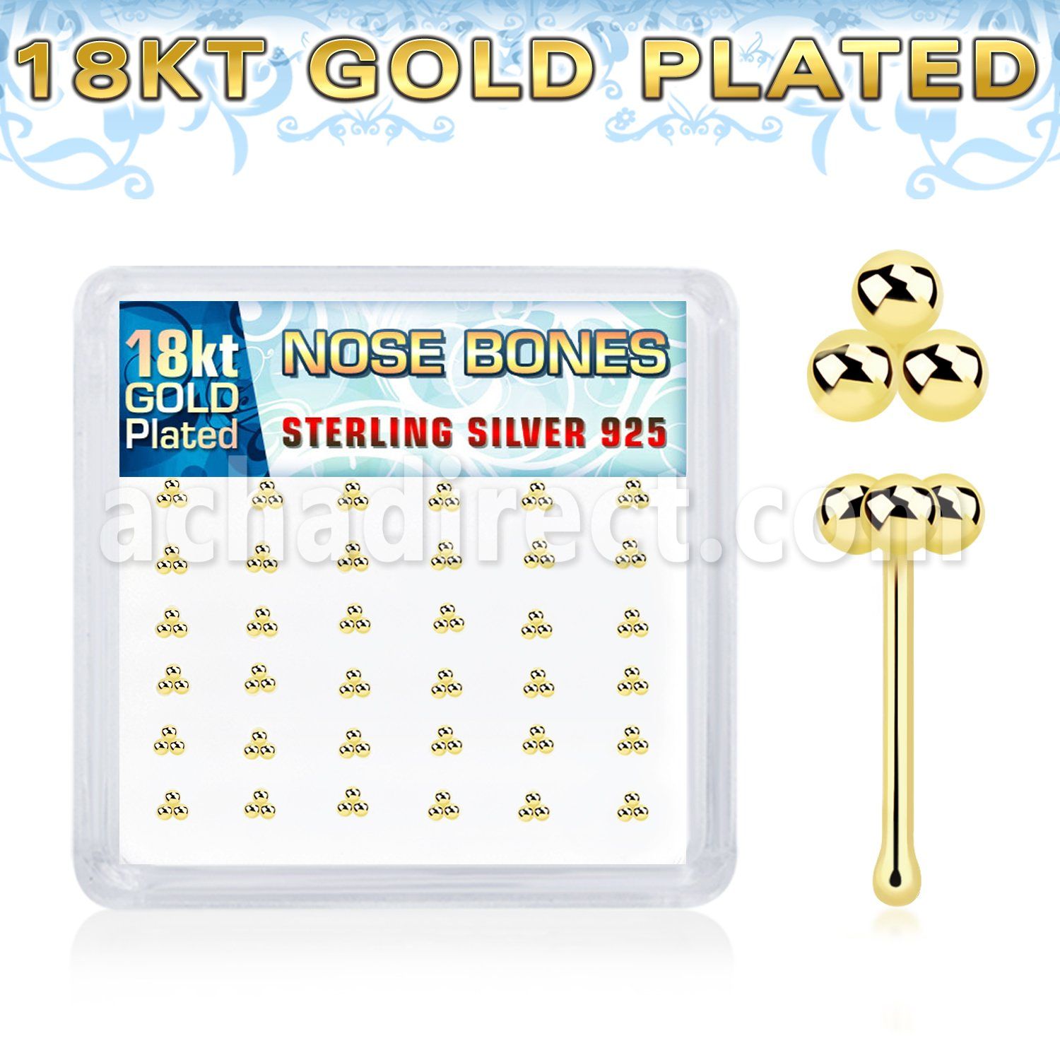 nbtsv36g 18k plated silver nose bones triple balls top 36pcs