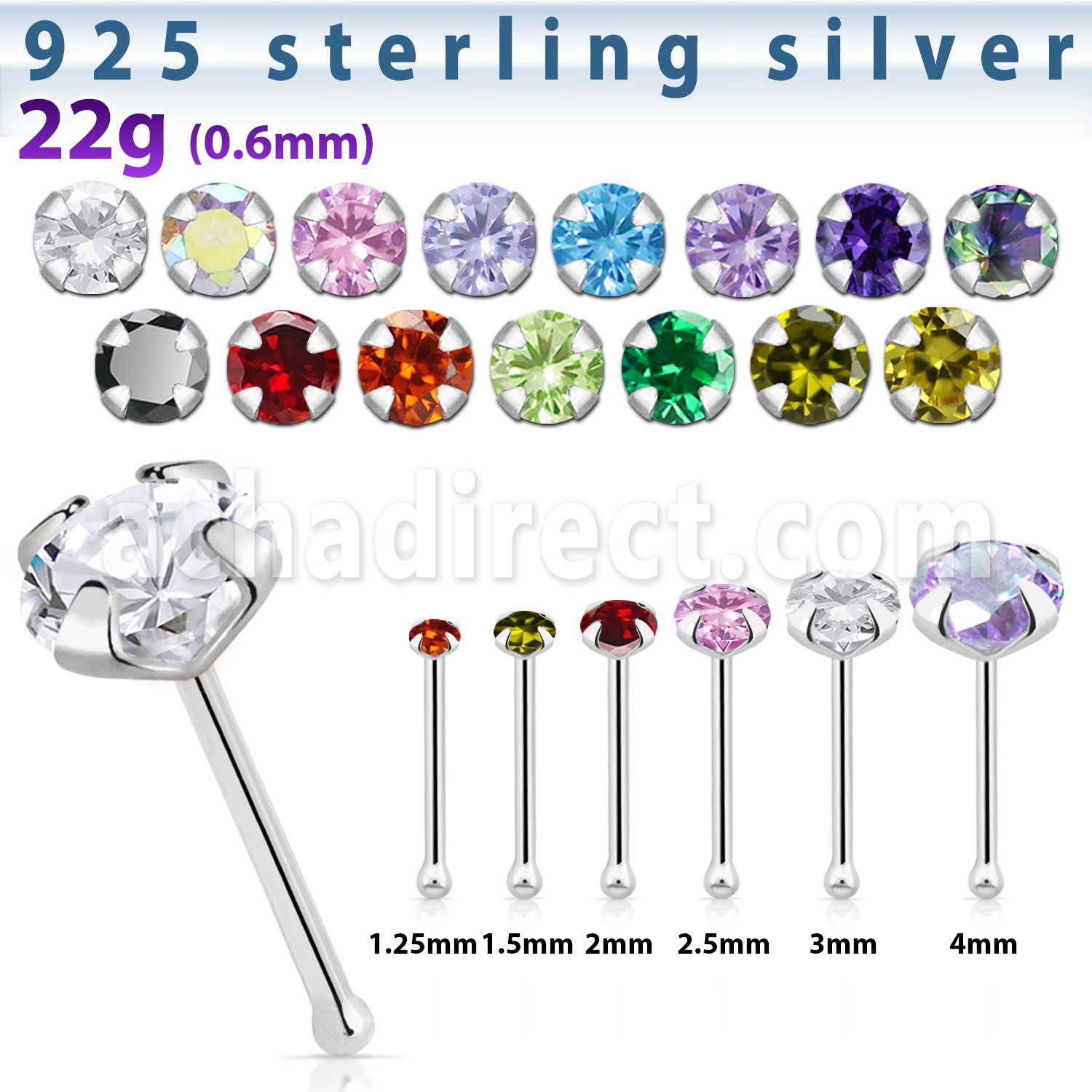 nbz silver nose bone 22g round prong set cz