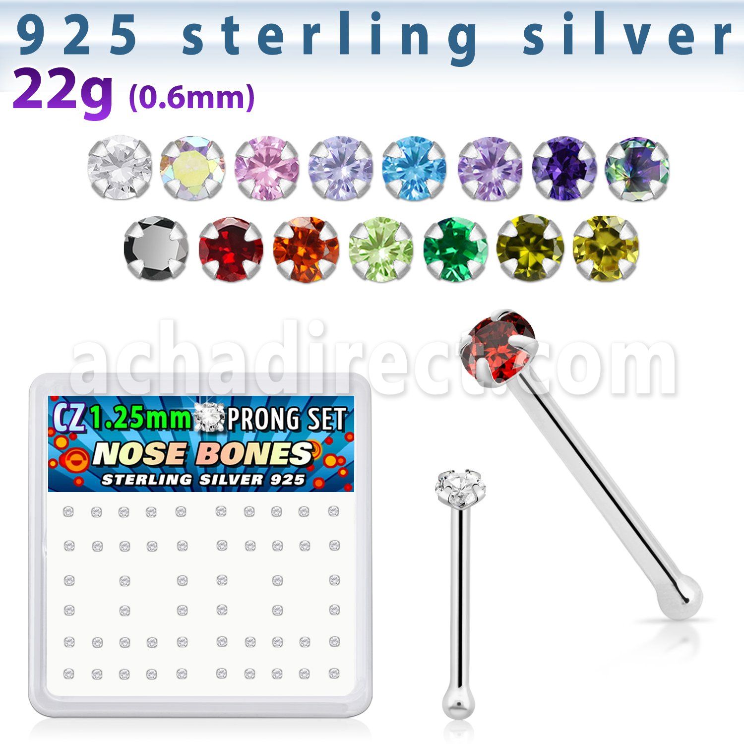 nbzbc12 caja display piercing nariz hueso plata esterlina 925 0 6mm zirconia claras 1 25mm al por mayor