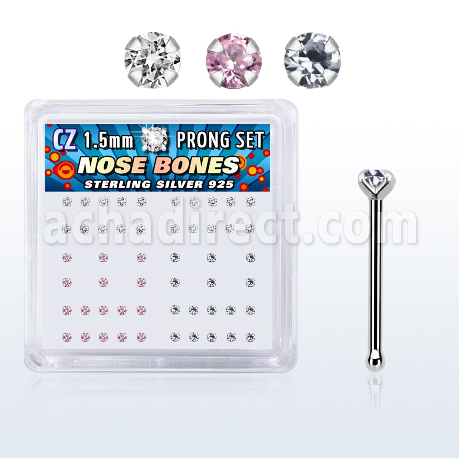 nbzbxm caja display piercing nariz hueso plata esterlina 925 0 6mm zirconia redondas 1 5mm mayorista